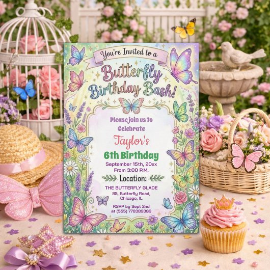 Colorful Butterflies 6th Birthday Bash Invitation 招待状