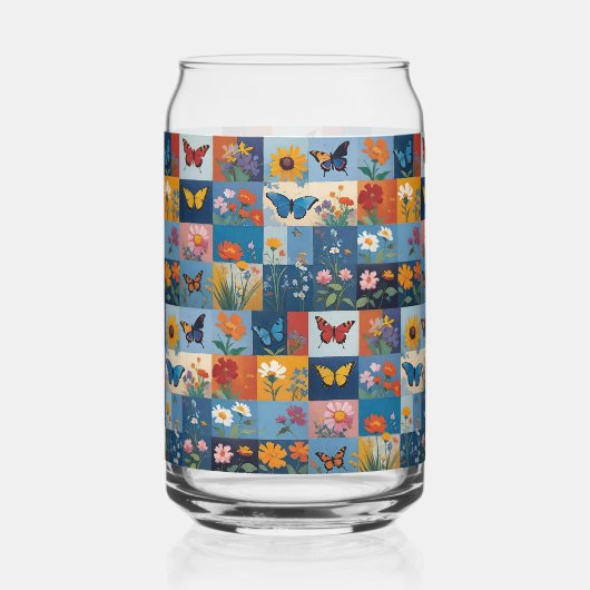 Colorful Butterflies And Wildflowers Patchwork ガラス缶 (正面)