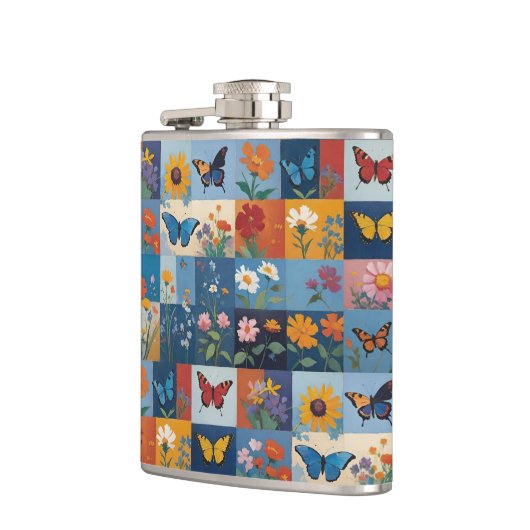 Colorful Butterflies And Wildflowers Patchwork フラスク (左)