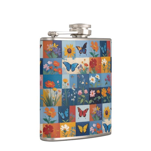 Colorful Butterflies And Wildflowers Patchwork フラスク (右)