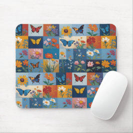 Colorful Butterflies And Wildflowers Patchwork マウスパッド