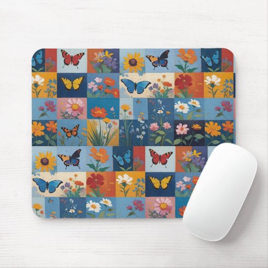 Colorful Butterflies And Wildflowers Patchwork マウスパッド (マウス)