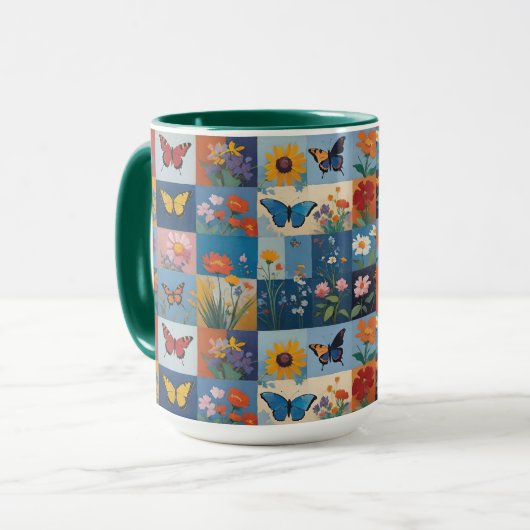 Colorful Butterflies And Wildflowers Patchwork マグカップ (正面左)