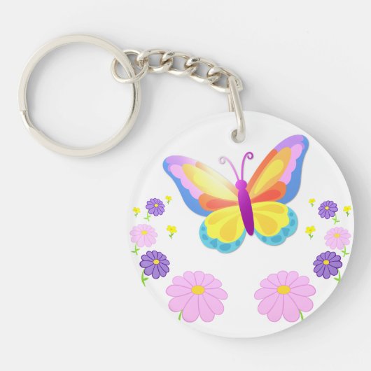 Colorful Butterfly and Flowers Round Keychain キーホルダー (正面)