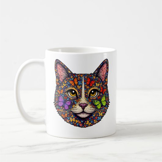 Colorful Butterfly Blooms Cat Portrait Kitty Lover コーヒーマグカップ (左)