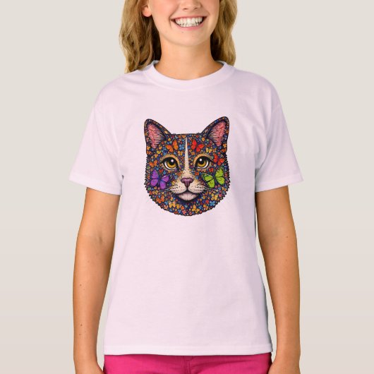 Colorful Butterfly Blooms Cat Portrait Kitty Lover Tシャツ (正面)