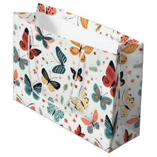 Colorful Butterfly, Flowers and Leaves Pattern ラージペーパーバッグ