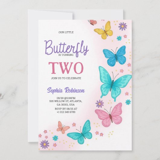 Colorful butterfly-themed birthday invitation 招待状 (正面)