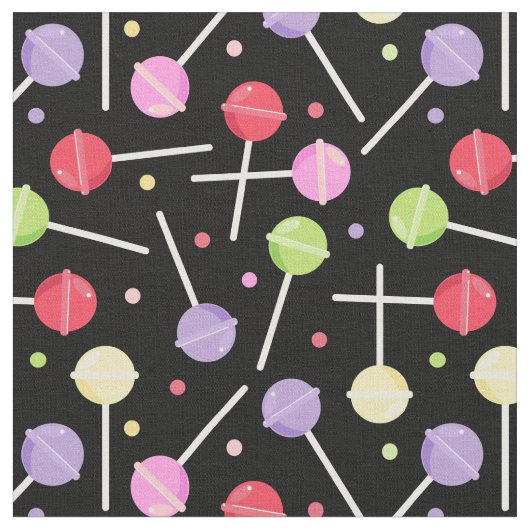Colorful Candy Lollipops Pattern on Black ファブリック (クローズアップ)