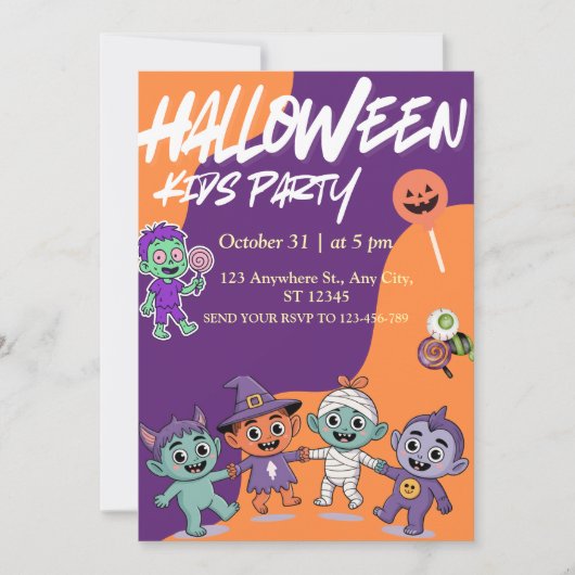 Colorful Candy Monsters Kids Halloween Invite 招待状 (正面)