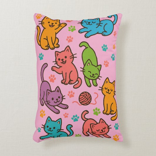 Colorful Cartoon Cat Pattern Throw Pillow – Pink  アクセントクッション (正面(垂直))