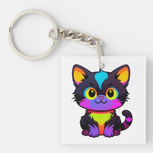Colorful Cartoon Cat With Neon Colors キーホルダー (正面)