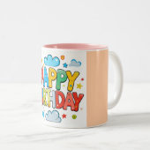 "Colorful Cartoon Happy Birthday with Clouds & Sta ツートーンマグカップ (正面右)