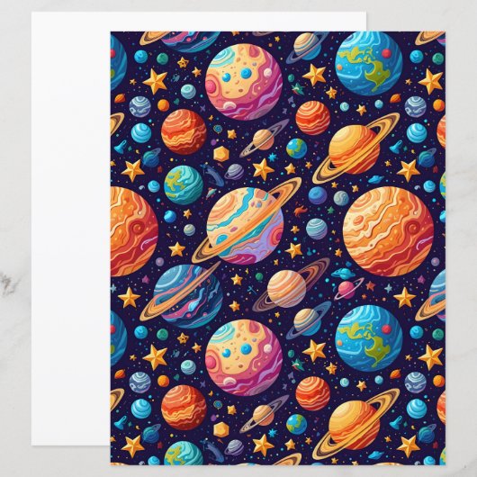 Colorful Cartoon Planets & Galaxy Scrapbook Paper (正面/裏面)