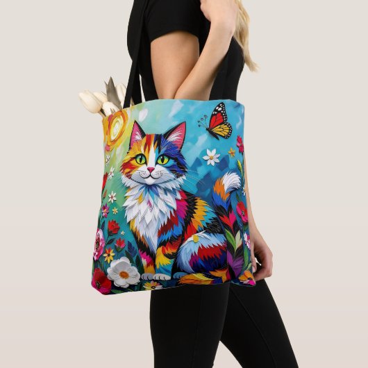 Colorful Cat and Butterfly トートバッグ (クローズアップ)
