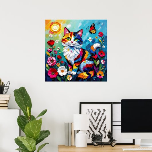 Colorful Cat and Butterfly ポスター (ホームオフィス)