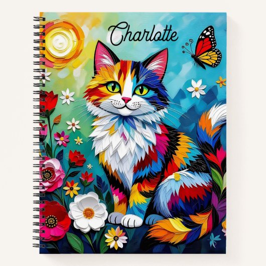 Colorful Cat and Butterfly Personalized ノートブック (正面)