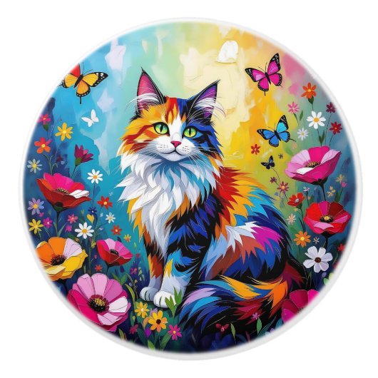 Colorful Cat and Flowers セラミックノブ (正面)