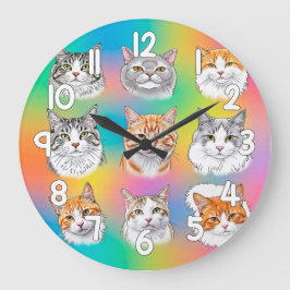 Colorful Cat Faces Wall Clock Fun Pet Decor ラージ壁時計