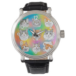 Colorful Cat Faces Wrist Watch Fun Pet Style 腕時計