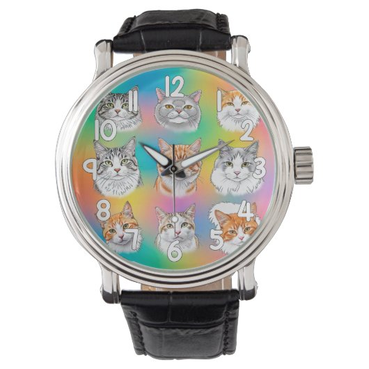 Colorful Cat Faces Wrist Watch Fun Pet Style 腕時計 (正面)