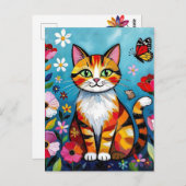 Colorful Cat, Flowers and Butterfly  ポストカード (正面/裏面)