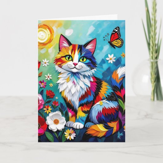 Colorful Cat, Flowers & Butterfly Birthday カード (正面)