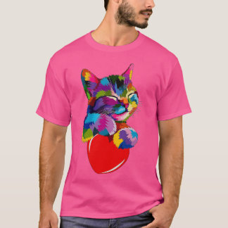 Colorful Cat Hugging Heart  Tシャツ