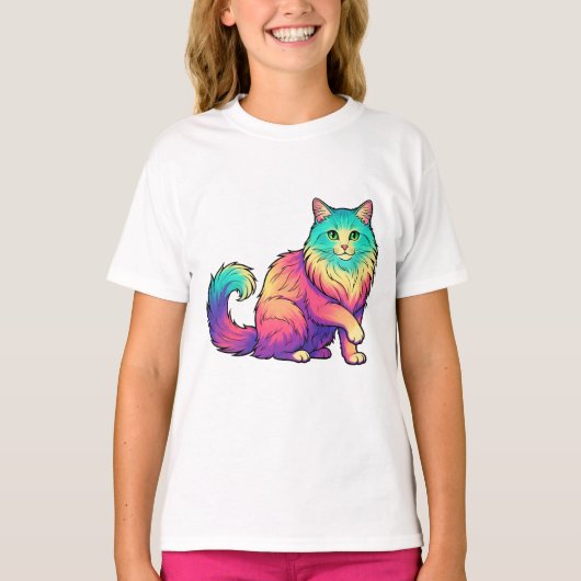 Colorful cat Long Hair cat Lover Tシャツ (正面)