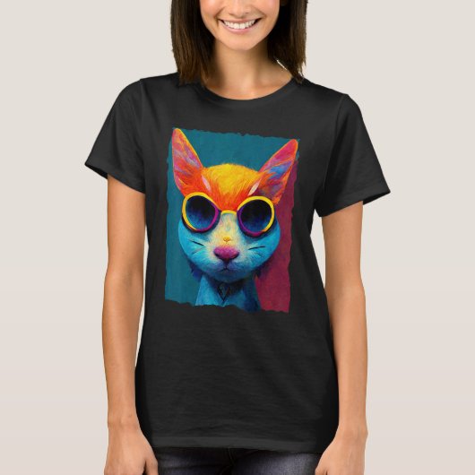 Colorful Cat With Glasses Tシャツ (正面)