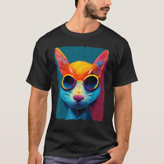 Colorful Cat With Glasses Tシャツ (正面)