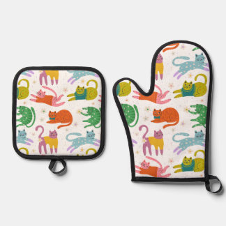 Colorful Cats Pattern Oven Mitt & Pot Holder Set 鍋つかみ&鍋敷きセット