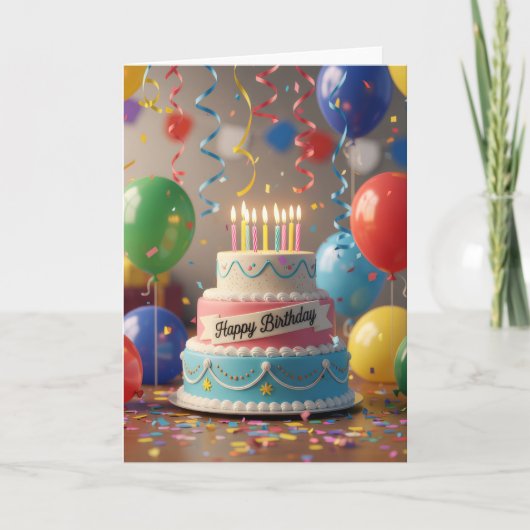Colorful Celebration Cake & Balloons Birthday Card カード (正面)