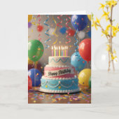 Colorful Celebration Cake & Balloons Birthday Card カード (黄色い花)
