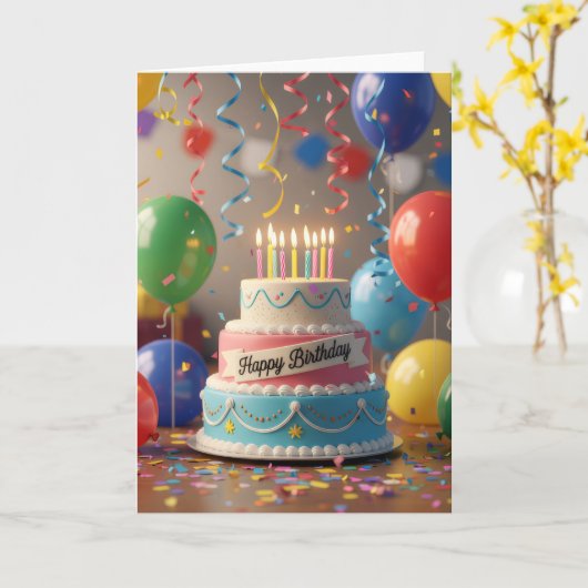 Colorful Celebration Cake & Balloons Birthday Card カード (黄色い花)