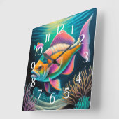 Colorful Chalk Drawing Reef Fish Pink スクエア壁時計 (傾斜)