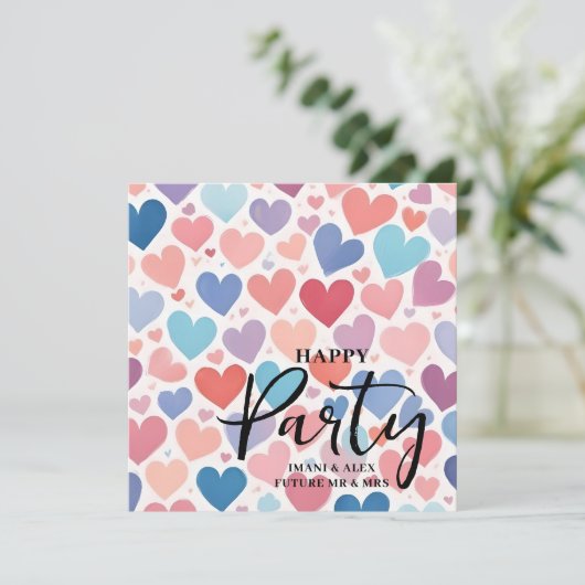 Colorful Chic Charming Scattered Hearts Engagement 招待状 (スタンド正面)