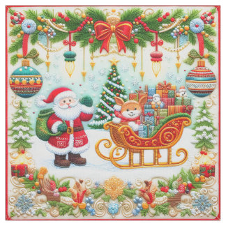 Colorful Christmas Embroidery Look with Santa ファブリック