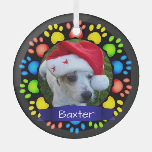 Colorful Christmas Paws Custom Pet Photo ガラスオーナメント (正面)