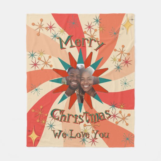 Colorful Christmas Photo Message Retro Sputnik フリースブランケット (正面)