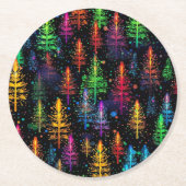 Colorful Christmas Tree Glow In Dark Forest ラウンドペーパーコースター (正面)