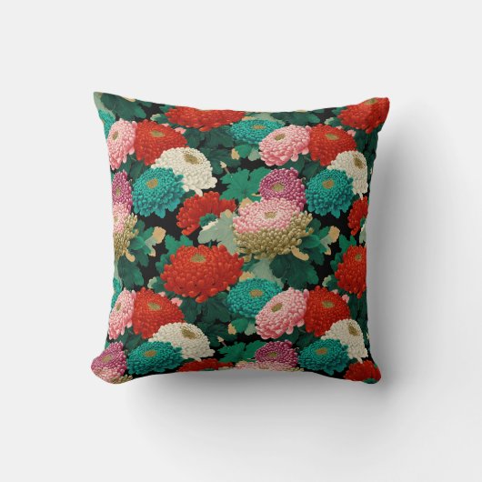 Colorful Chrysanthemum Flowers Botanical Patttern クッション (正面)