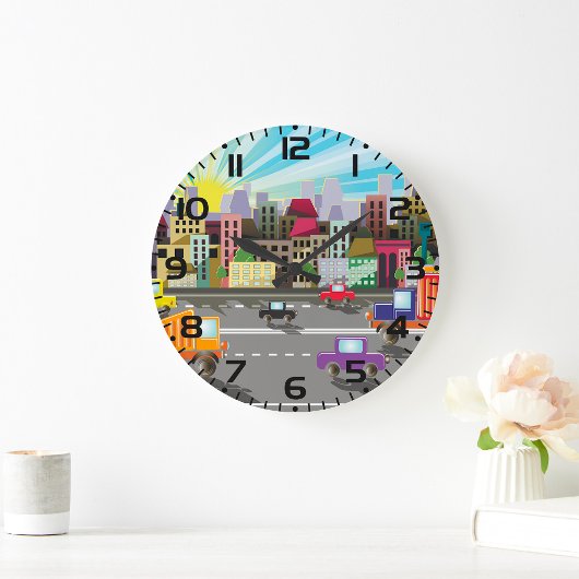 Colorful City Traffic Vibrant Urban Sunrise ラージ壁時計