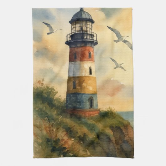 Colorful Coastal Lighthouse Kitchen Towel キッチンタオル (縦)