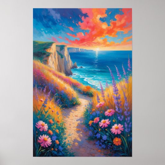 Colorful Coastal Path with Flowers and Ocean View ポスター (正面)