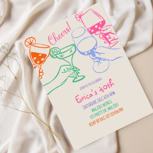 Colorful Cocktail Line Art Birthday Invitation |  招待状