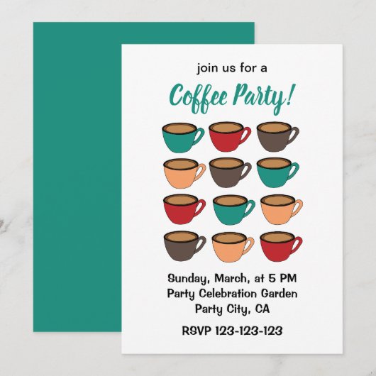 Colorful Coffee Cup Coffee Party 招待状 (正面/裏面)