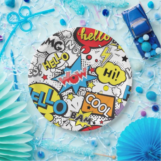 Colorful Comic Pop Art Speech Bubble Pattern ペーパープレート (パーティー)
