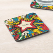 Colorful Comic Pop Art Starburst Explosion コースター (左側)