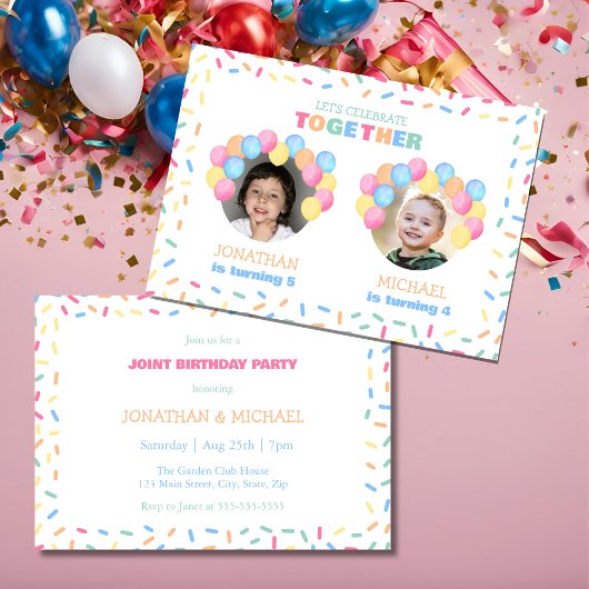 Colorful Confetti Balloon Photo Dual Birthday 招待状